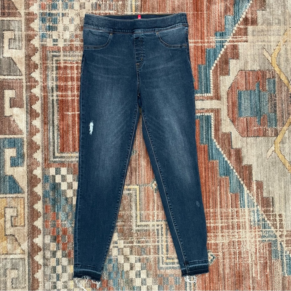 Spanx Distressed Denim High Rise Elastic Waist Jeggings Large